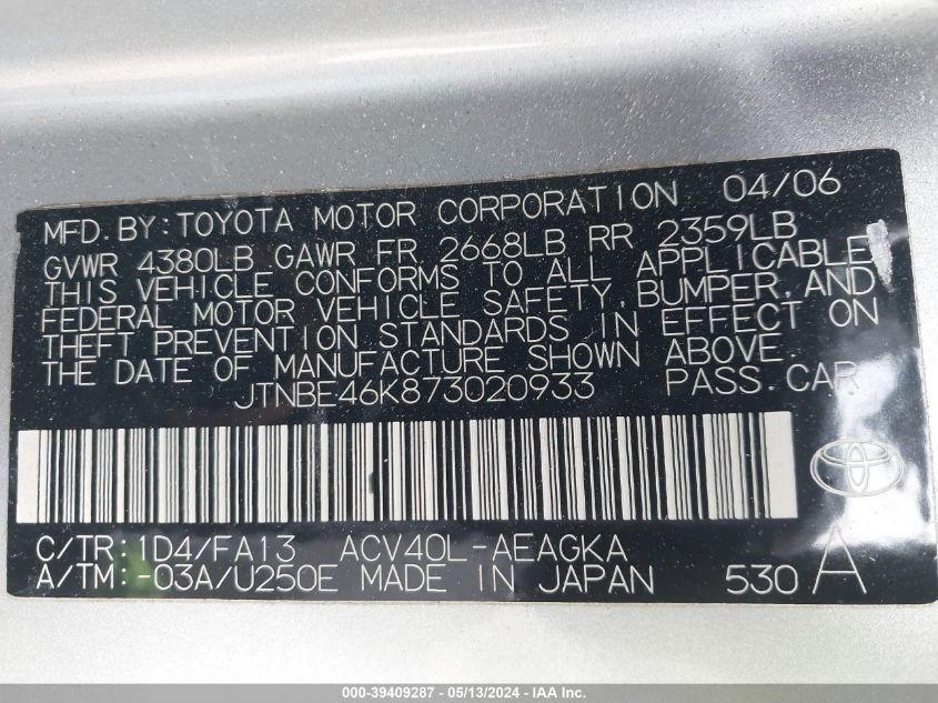 2007 Toyota Camry Xle VIN: JTNBE46K873020933 Lot: 39409287