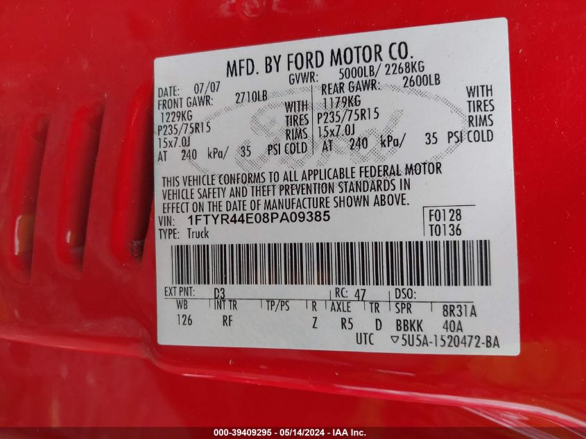 2008 Ford Ranger Sport/Xlt VIN: 1FTYR44E08PA09385 Lot: 39409295