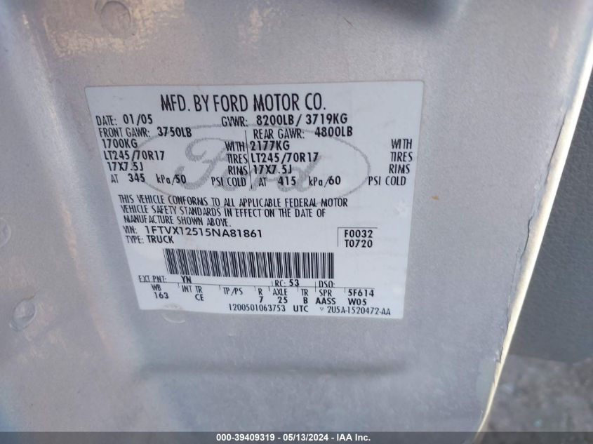 2005 Ford F-150 Lariat/Xl/Xlt VIN: 1FTVX12515NA81861 Lot: 39409319