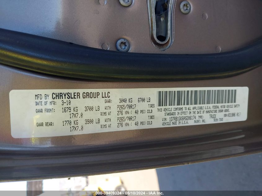 2010 Dodge Ram 1500 St VIN: 1D7RB1GK6AS206174 Lot: 39409324