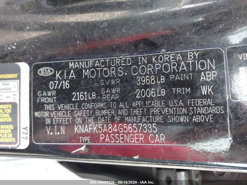 2016 Kia Forte Lx VIN: KNAFK5A84G5657335 Lot: 39409328