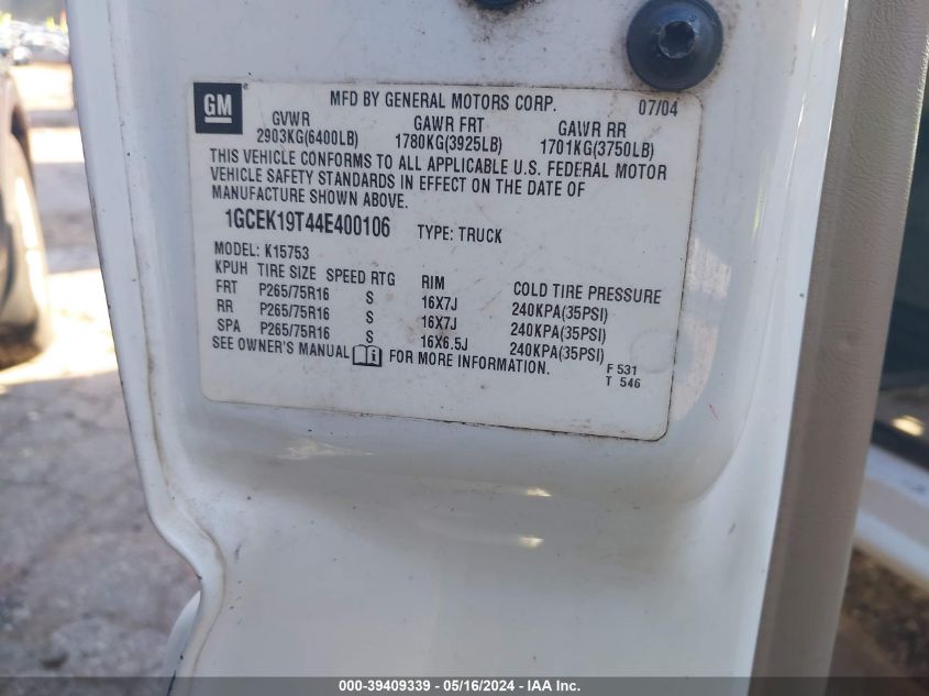 2004 Chevrolet Silverado 1500 Z71 VIN: 1GCEK19T44E400106 Lot: 39409339