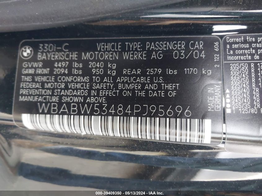 2004 BMW 330Ci VIN: WBABW53484PJ95696 Lot: 39409350