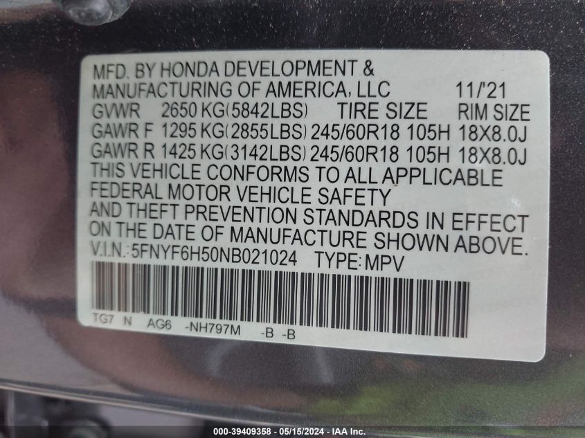 2022 Honda Pilot Awd Ex-L VIN: 5FNYF6H50NB021024 Lot: 39409358