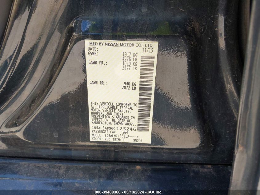 2016 Nissan Altima 2.5 Sv VIN: 1N4AL3AP9GC125246 Lot: 39409360