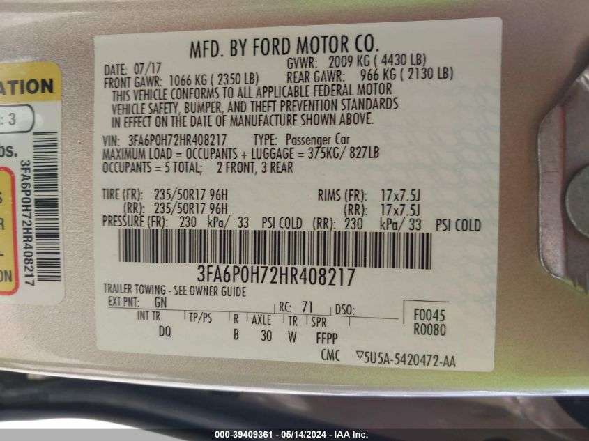 2017 FORD FUSION SE - 3FA6P0H72HR408217