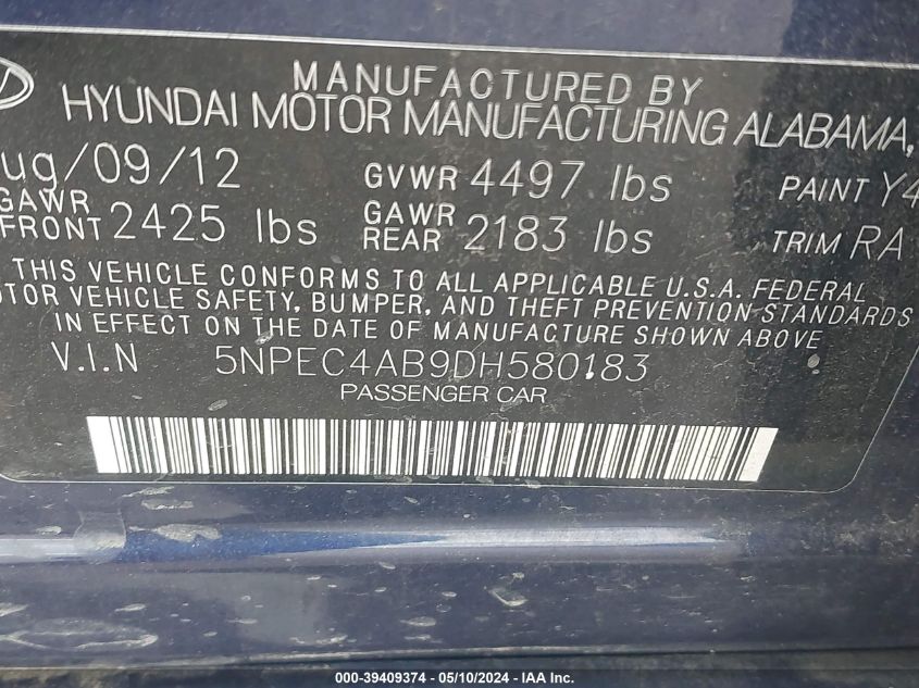 2013 Hyundai Sonata Limited 2.0T VIN: 5NPEC4AB9DH580183 Lot: 39409374