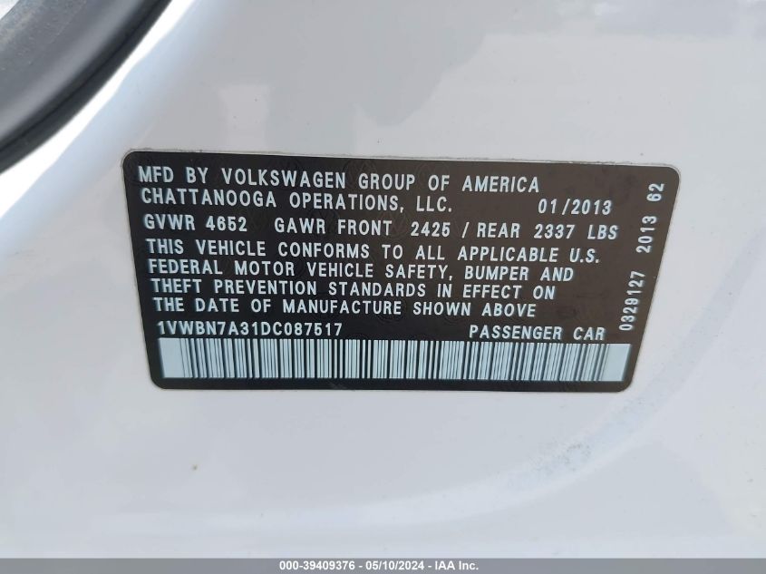 2013 Volkswagen Passat 2.0L Tdi Se VIN: 1VWBN7A31DC087517 Lot: 39409376