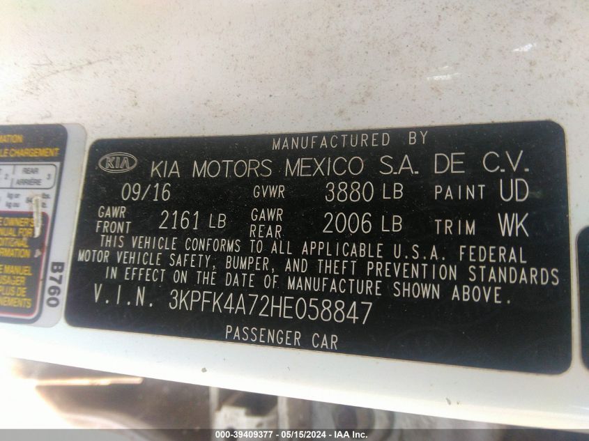 2017 Kia Forte Lx VIN: 3KPFK4A72HE058847 Lot: 39409377