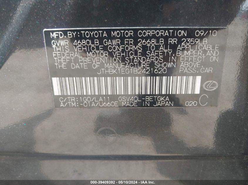 2011 Lexus Es 350 VIN: JTHBK1EG1B2421620 Lot: 39409392