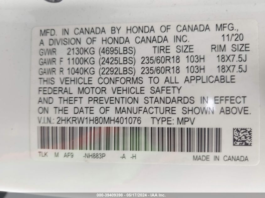 2021 Honda Cr-V 2Wd Ex-L VIN: 2HKRW1H80MH401076 Lot: 39409398