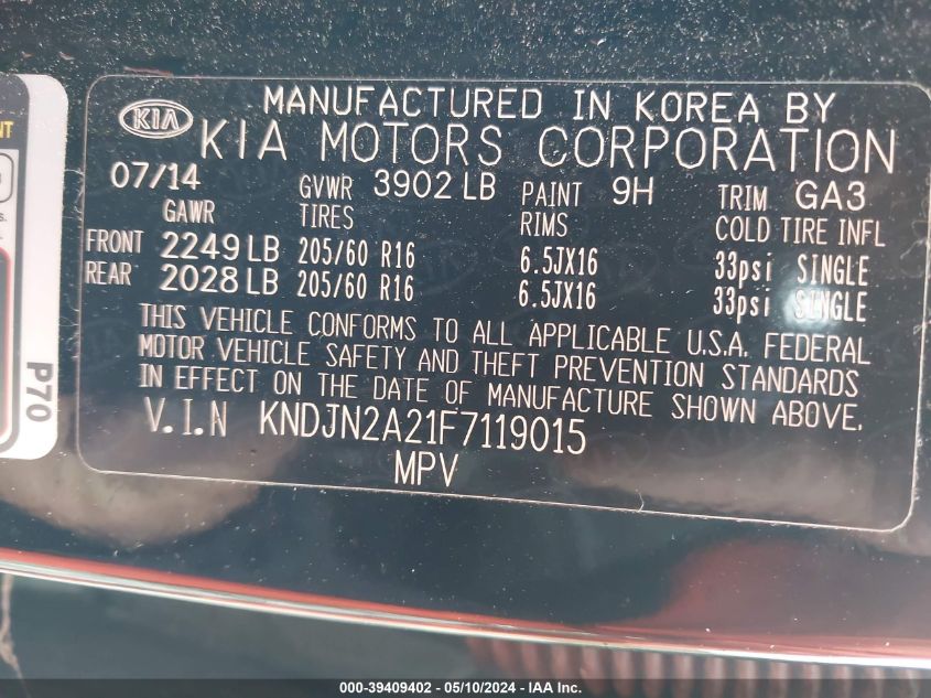 2015 Kia Soul VIN: KNDJN2A21F7119015 Lot: 39409402