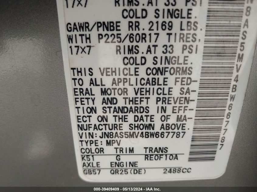 2011 Nissan Rogue Sv VIN: JN8AS5MV4BW667787 Lot: 39409409