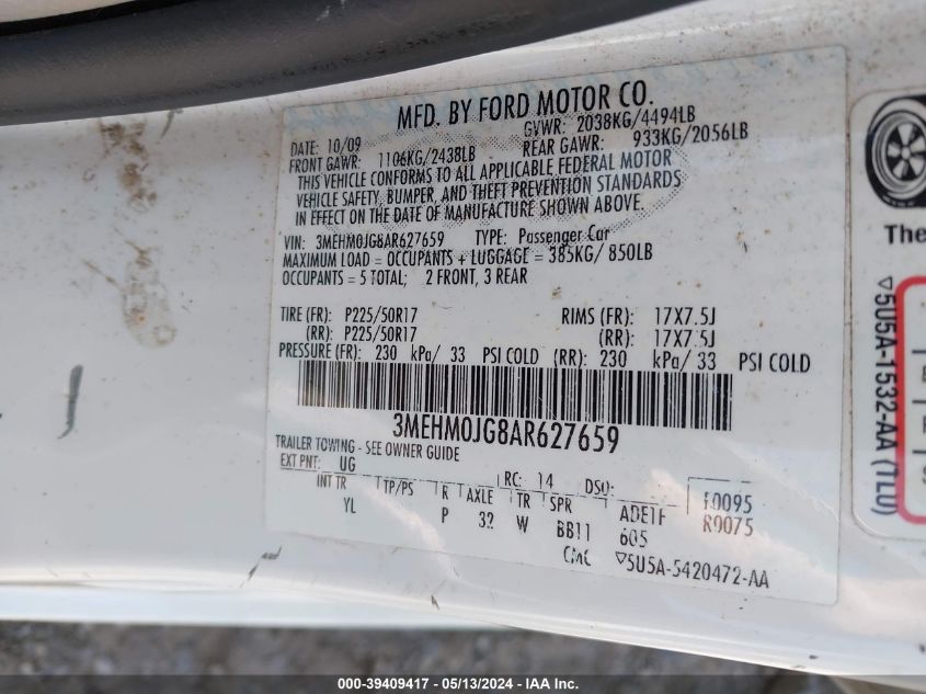 2010 Mercury Milan Premier VIN: 3MEHM0JG8AR627659 Lot: 39409417