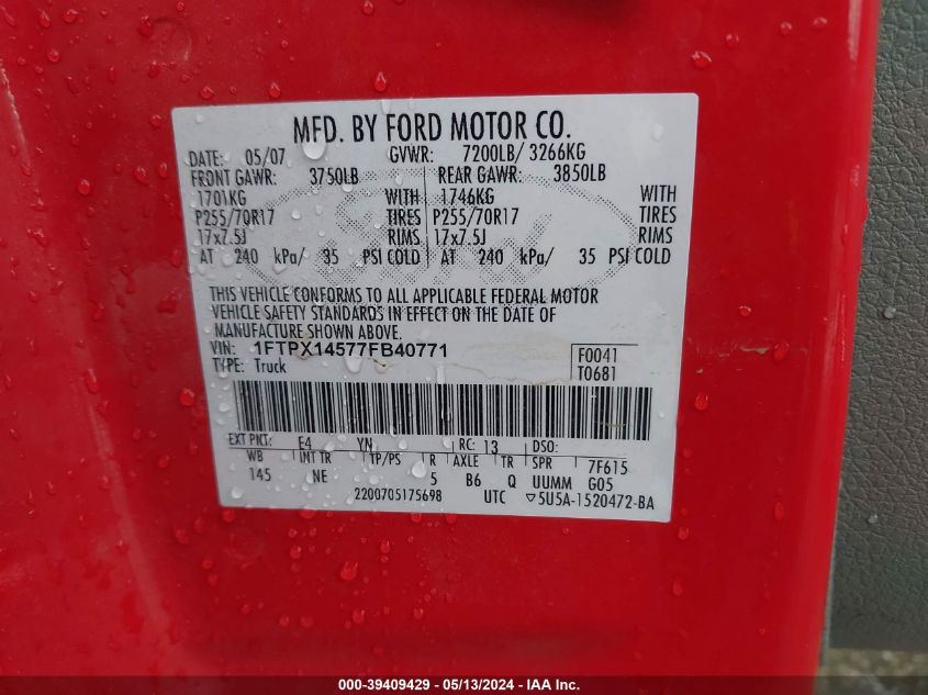 2007 Ford F-150 Fx4/Lariat/Xl/Xlt VIN: 1FTPX14577FB40771 Lot: 39409429