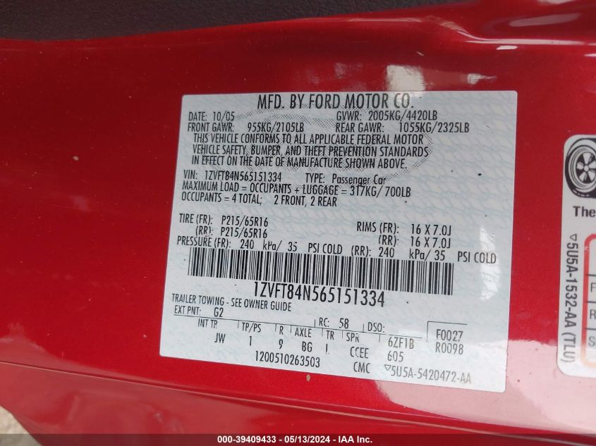 2006 Ford Mustang V6 VIN: 1ZVFT84N565151334 Lot: 39409433