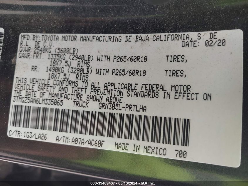 2020 Toyota Tacoma Limited VIN: 3TMGZ5AN6LM335065 Lot: 39409437