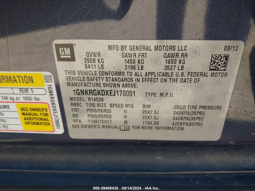 2014 Chevrolet Traverse 1Lt VIN: 1GNKRGKDXEJ170091 Lot: 39409438