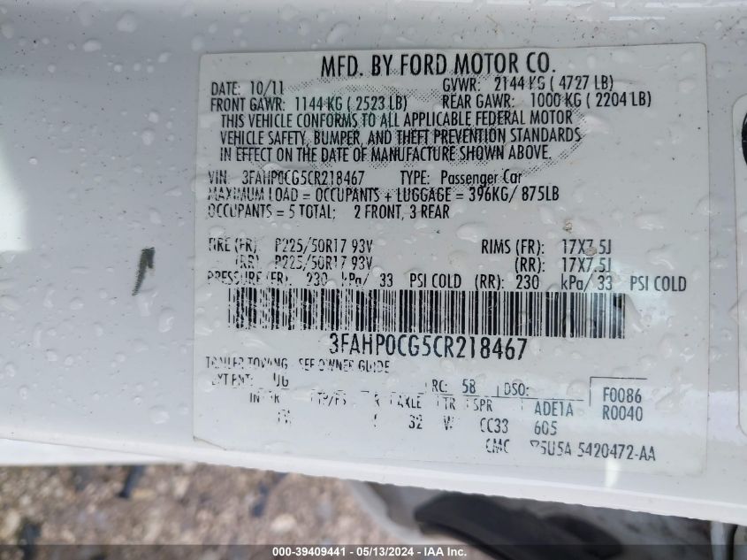 2012 Ford Fusion Sel VIN: 3FAHP0CG5CR218467 Lot: 39409441