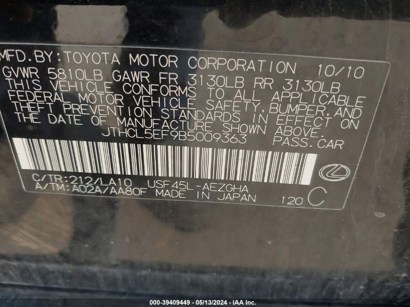 2011 Lexus Ls 460 VIN: JTHCL5EF9B5009363 Lot: 39409449
