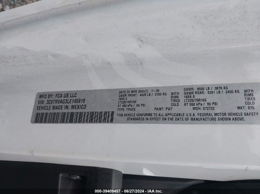 2020 Ram Promaster 1500 Low Roof 136 Wb VIN: 3C6TRVAG3LE145919 Lot: 39409457