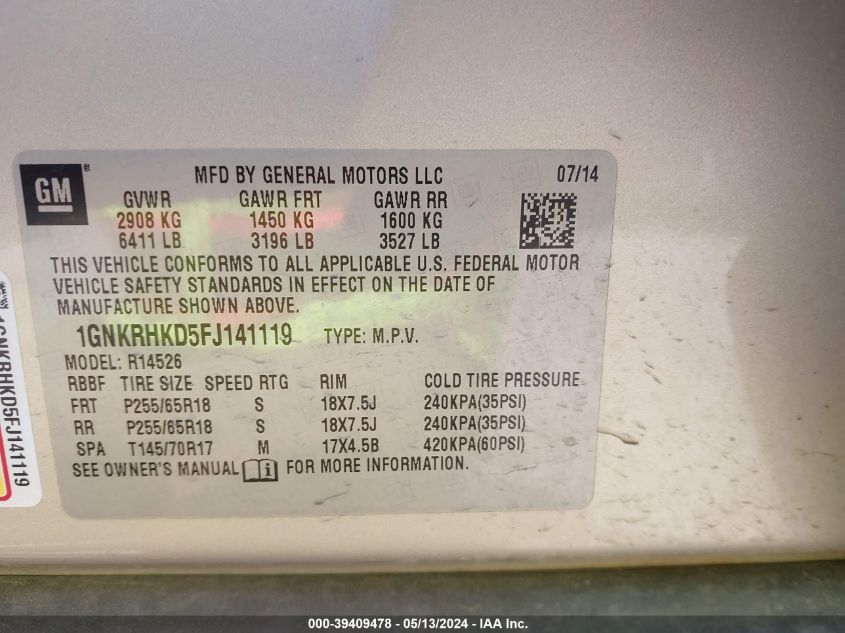 2015 Chevrolet Traverse 2Lt VIN: 1GNKRHKD5FJ141119 Lot: 39409478