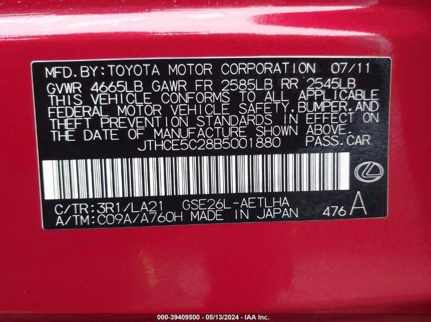 2011 Lexus Is 350 VIN: JTHCE5C28B5001880 Lot: 39409500