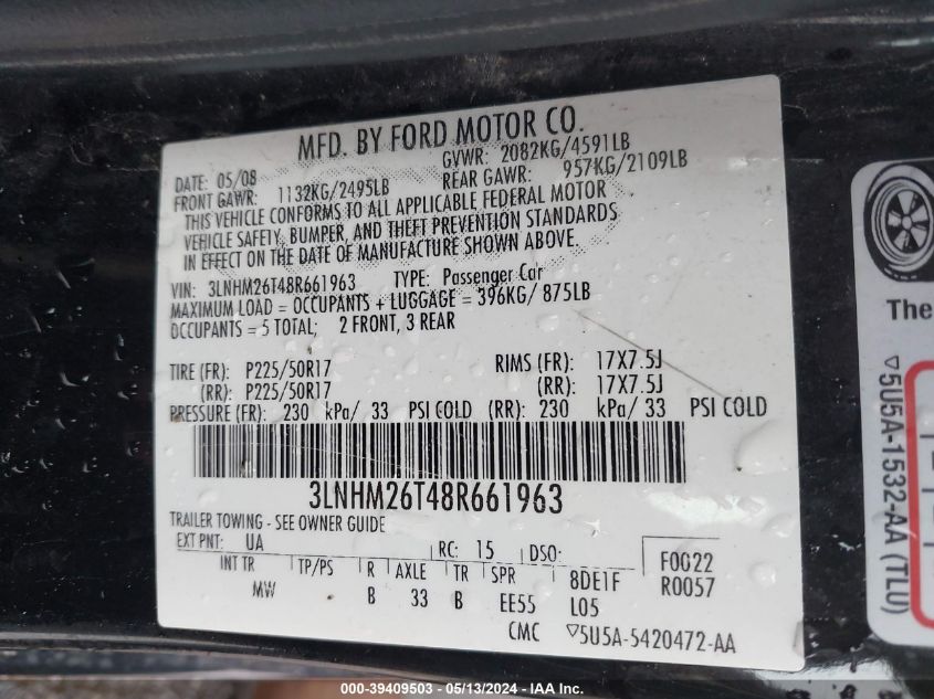 2008 Lincoln Mkz VIN: 3LNHM26T48R661963 Lot: 39409503