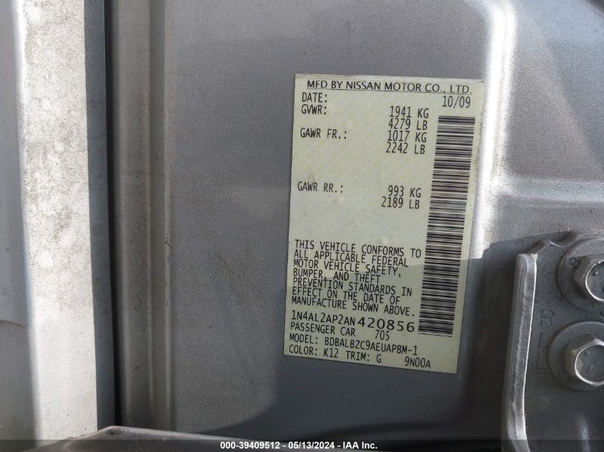 2010 Nissan Altima 2.5 S VIN: 1N4AL2AP2AN420856 Lot: 39409512