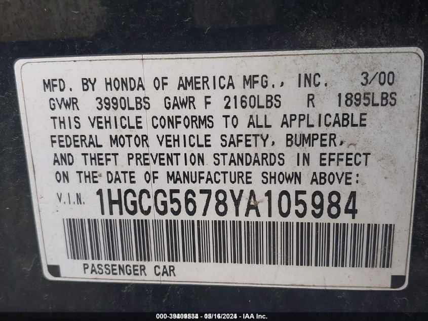 2000 Honda Accord 2.3 Se VIN: 1HGCG5678YA105984 Lot: 39409534