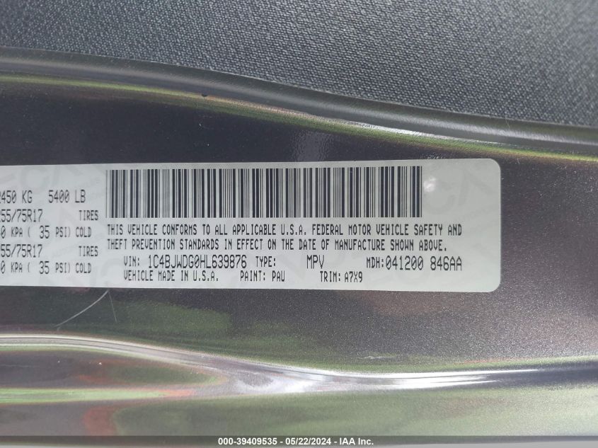 2017 Jeep Wrangler Unlimited Sport 4X4 VIN: 1C4BJWDG0HL639876 Lot: 39409535