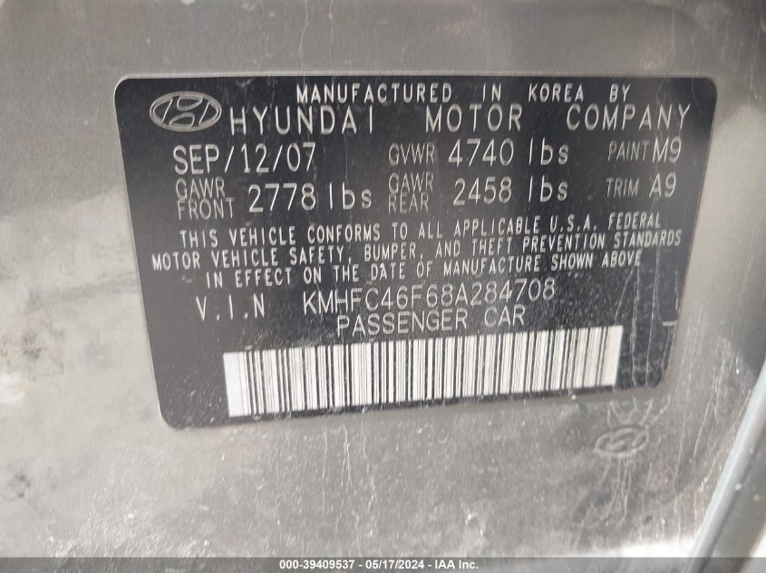 2008 Hyundai Azera Limited VIN: KMHFC46F68A284708 Lot: 39409537