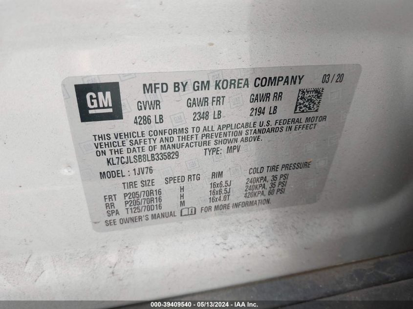 2020 Chevrolet Trax Fwd Lt VIN: KL7CJLSB8LB335829 Lot: 39409540