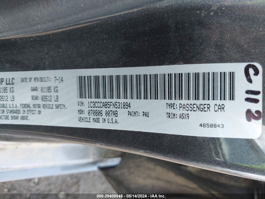 2015 Chrysler 200 Limited VIN: 1C3CCCAB5FN531894 Lot: 39409546