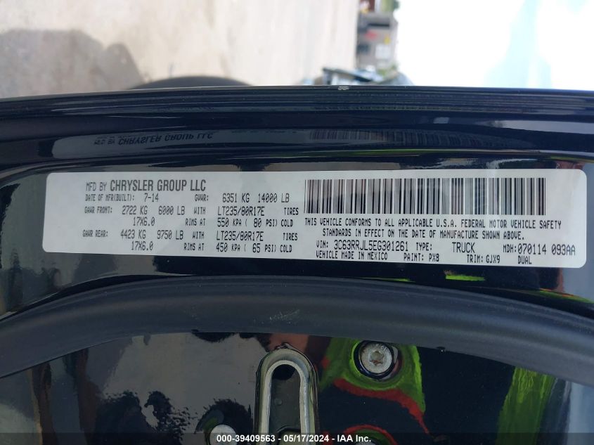 2014 Ram 3500 Laramie VIN: 3C63RRJL5EG301261 Lot: 39409563