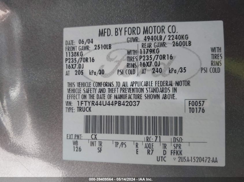 2004 Ford Ranger Edge/Tremor/Xlt VIN: 1FTYR44U44PB42037 Lot: 39409564