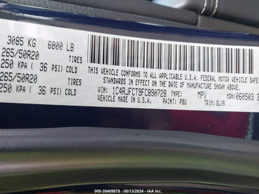 2015 Jeep Grand Cherokee Overland VIN: 1C4RJFCT9FC890728 Lot: 39409578