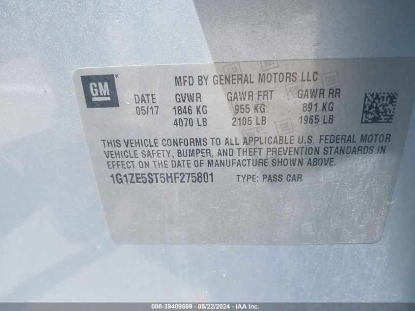 2017 Chevrolet Malibu 1Lt VIN: 1G1ZE5ST5HF275801 Lot: 39409589