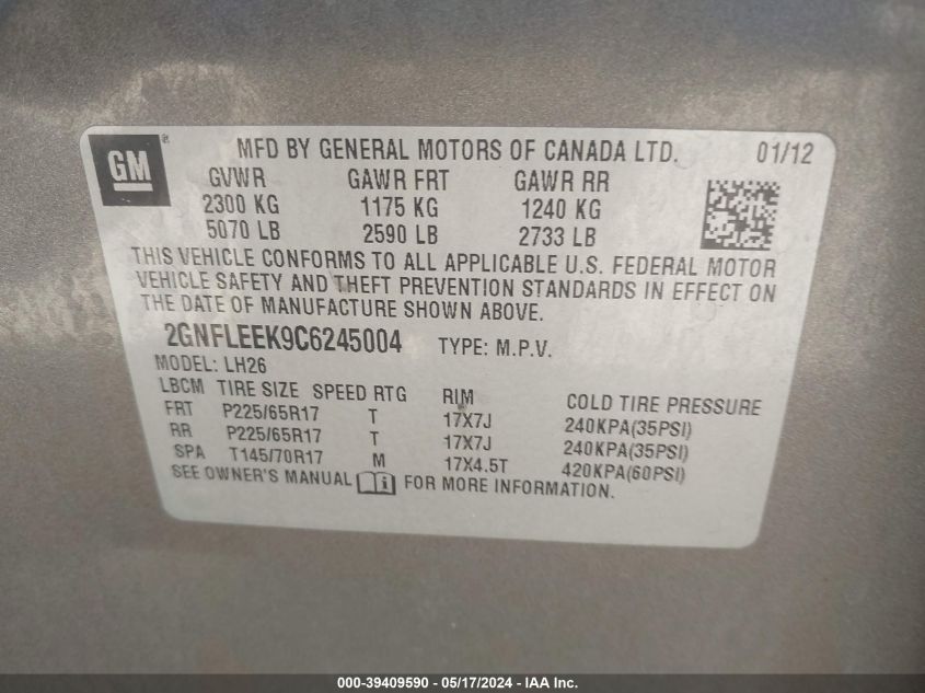 2012 Chevrolet Equinox 1Lt VIN: 2GNFLEEK9C6245004 Lot: 39409590