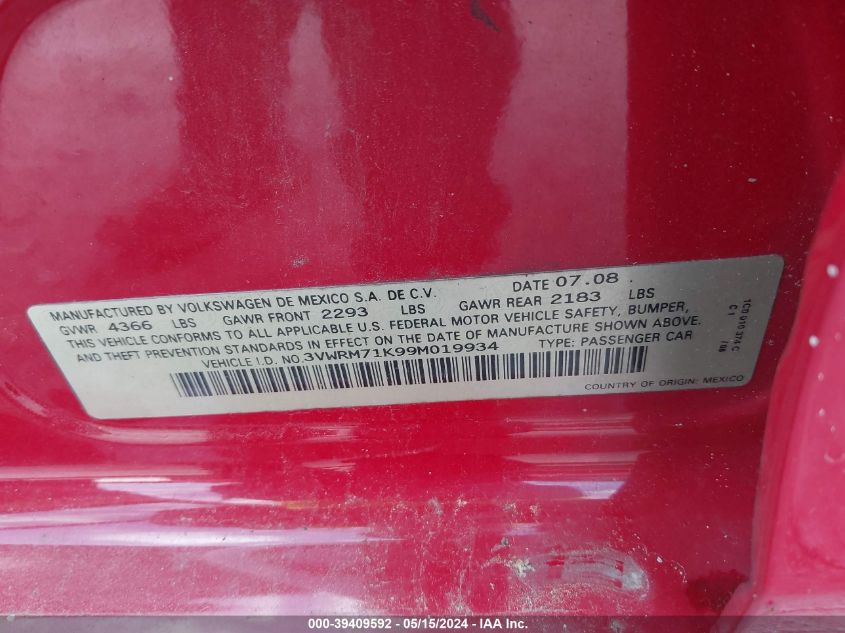 2009 Volkswagen Jetta Se/Sel VIN: 3VWRM71K99M019934 Lot: 39409592