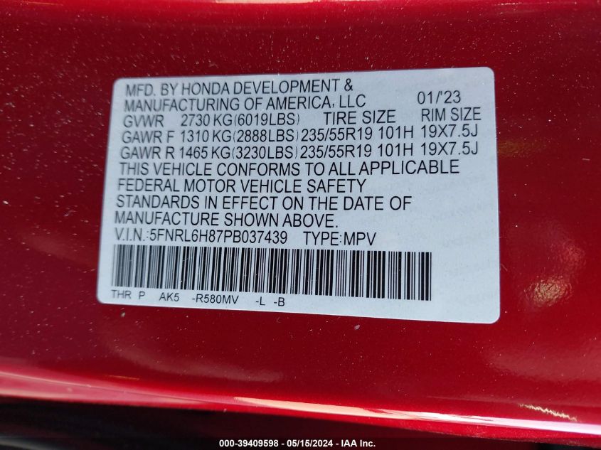 2023 Honda Odyssey Touring VIN: 5FNRL6H87PB037439 Lot: 39409598