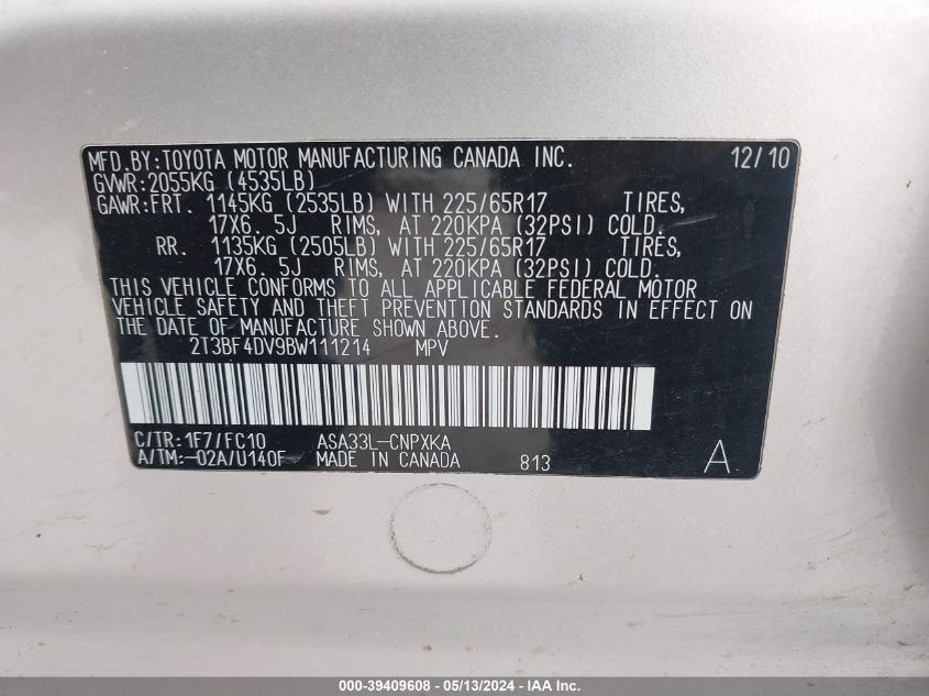 2011 Toyota Rav4 VIN: 2T3BF4DV9BW111214 Lot: 39409608