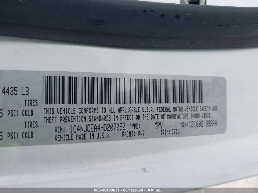 2017 Jeep Compass Latitude Fwd VIN: 1C4NJCEA4HD207050 Lot: 39409631