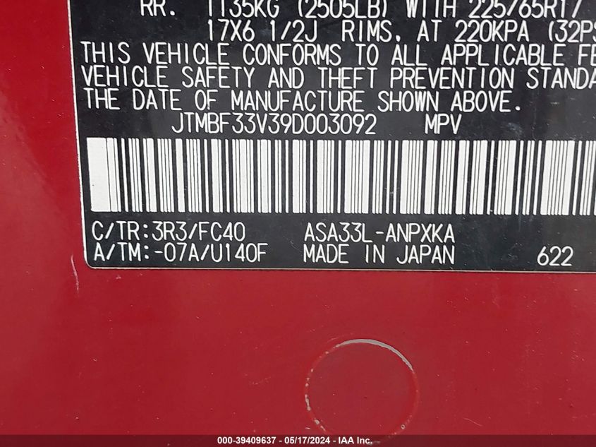 2009 Toyota Rav4 VIN: JTMBF33V39D003092 Lot: 39409637