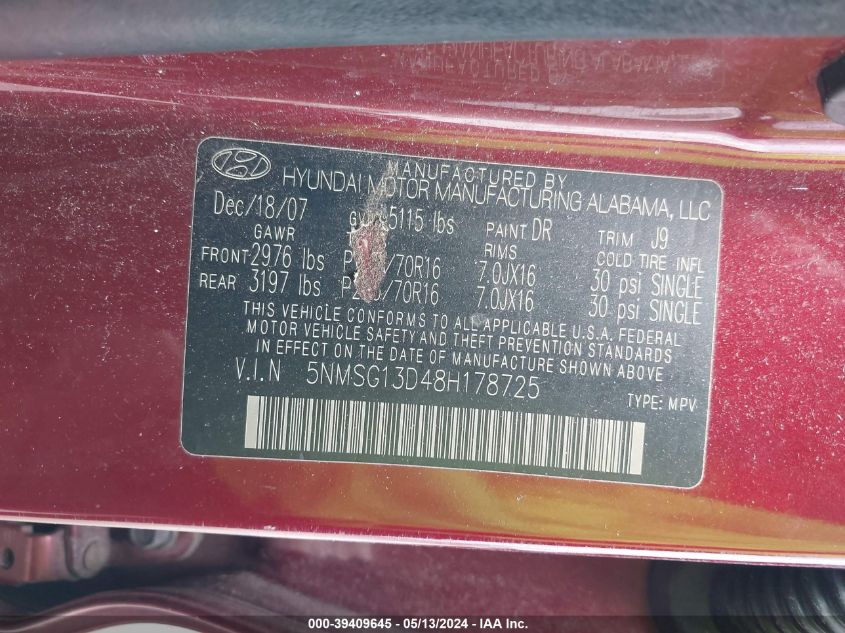 2008 Hyundai Santa Fe Gls VIN: 5NMSG13D48H178725 Lot: 39409645