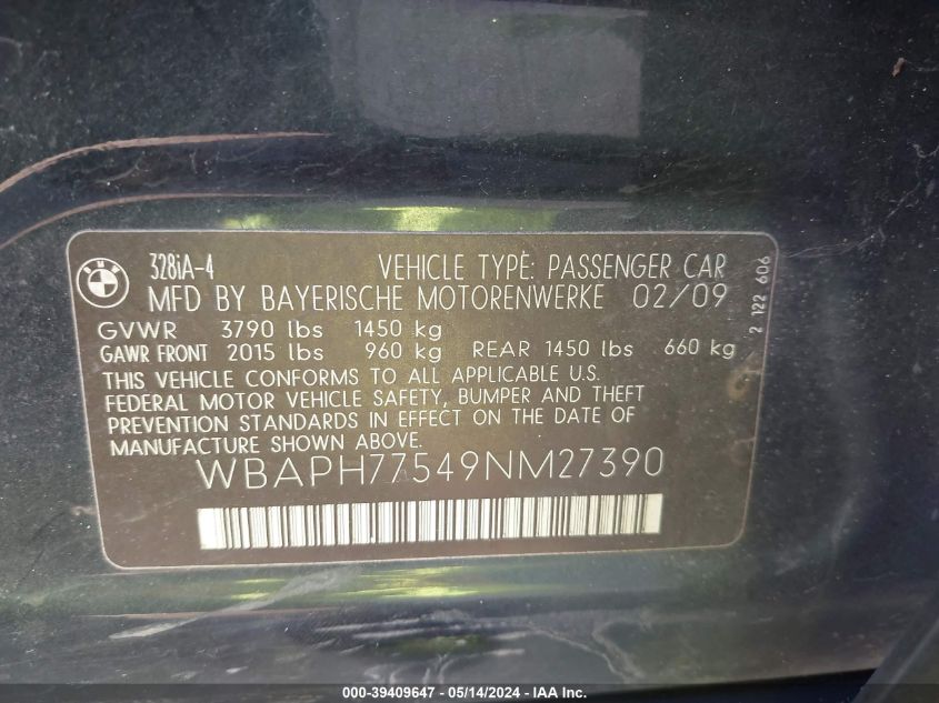 2009 BMW 328I VIN: WBAPH77549NM27390 Lot: 39409647