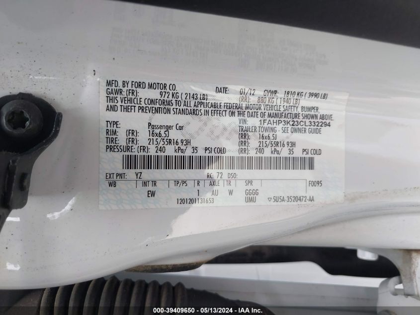 2012 Ford Focus Se VIN: 1FAHP3K23CL332294 Lot: 39409650