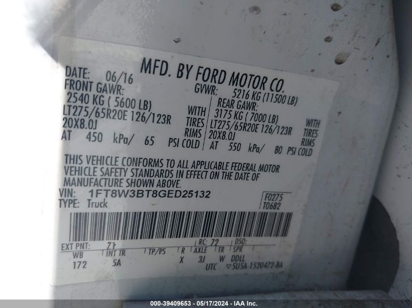 2016 Ford F-350 Lariat VIN: 1FT8W3BT8GED25132 Lot: 39409653