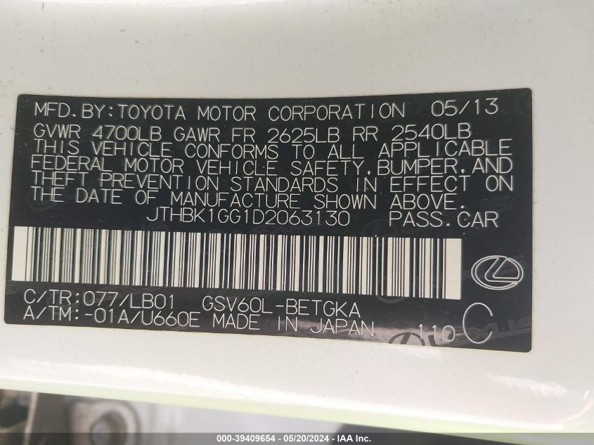 2013 Lexus Es 350 VIN: JTHBK1GG1D2063130 Lot: 39409654