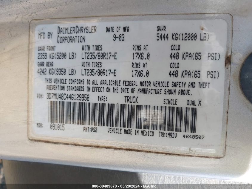 2004 Dodge Ram 3500 Slt/Laramie VIN: 3D7MU48C44G129958 Lot: 39409670